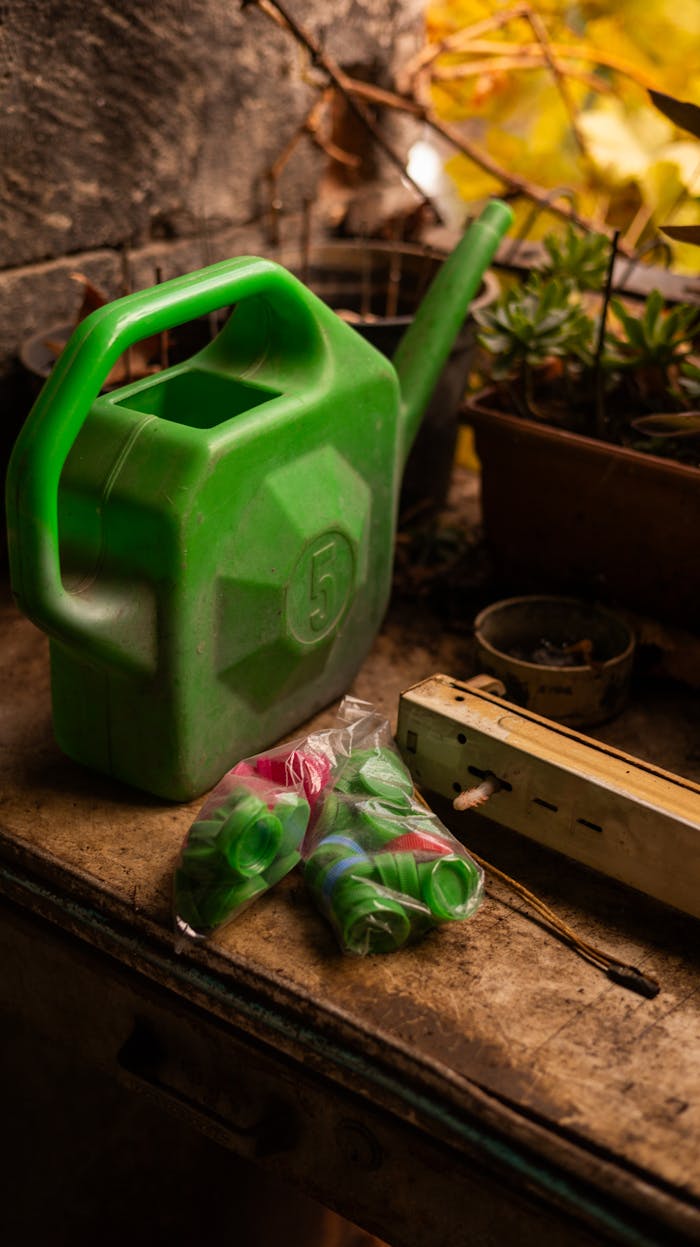 gallery-01 A rustic garden corner in Istanbul featuring a green watering can, succulents, and vibrant hose spouts.